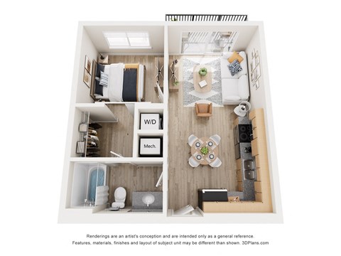 Floor plan for 1 bed, 1 bath, 608 sqft